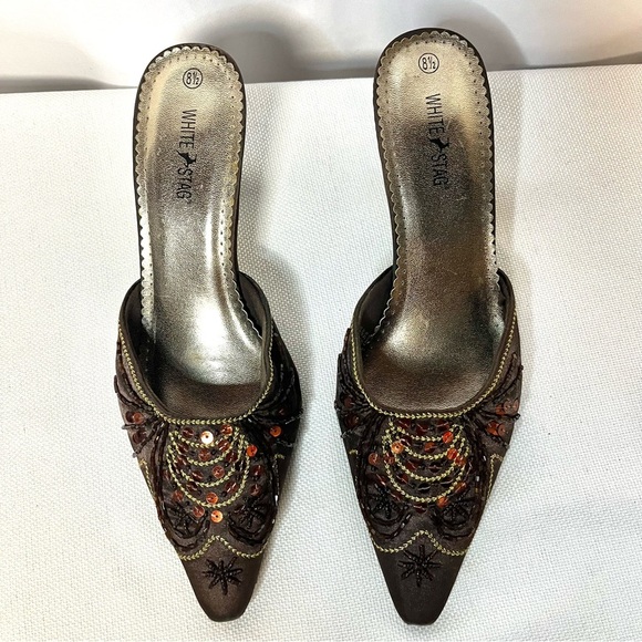 WHITE STAG Bohemian Retro Brown Mules with Bronze & Gold Beaded Embroidery - Picture 9 of 10